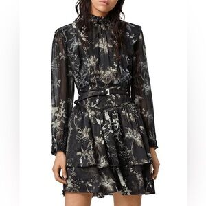 AllSaints Aislyn Evolution monochrome print ruffles moth skeleton mini dress 0